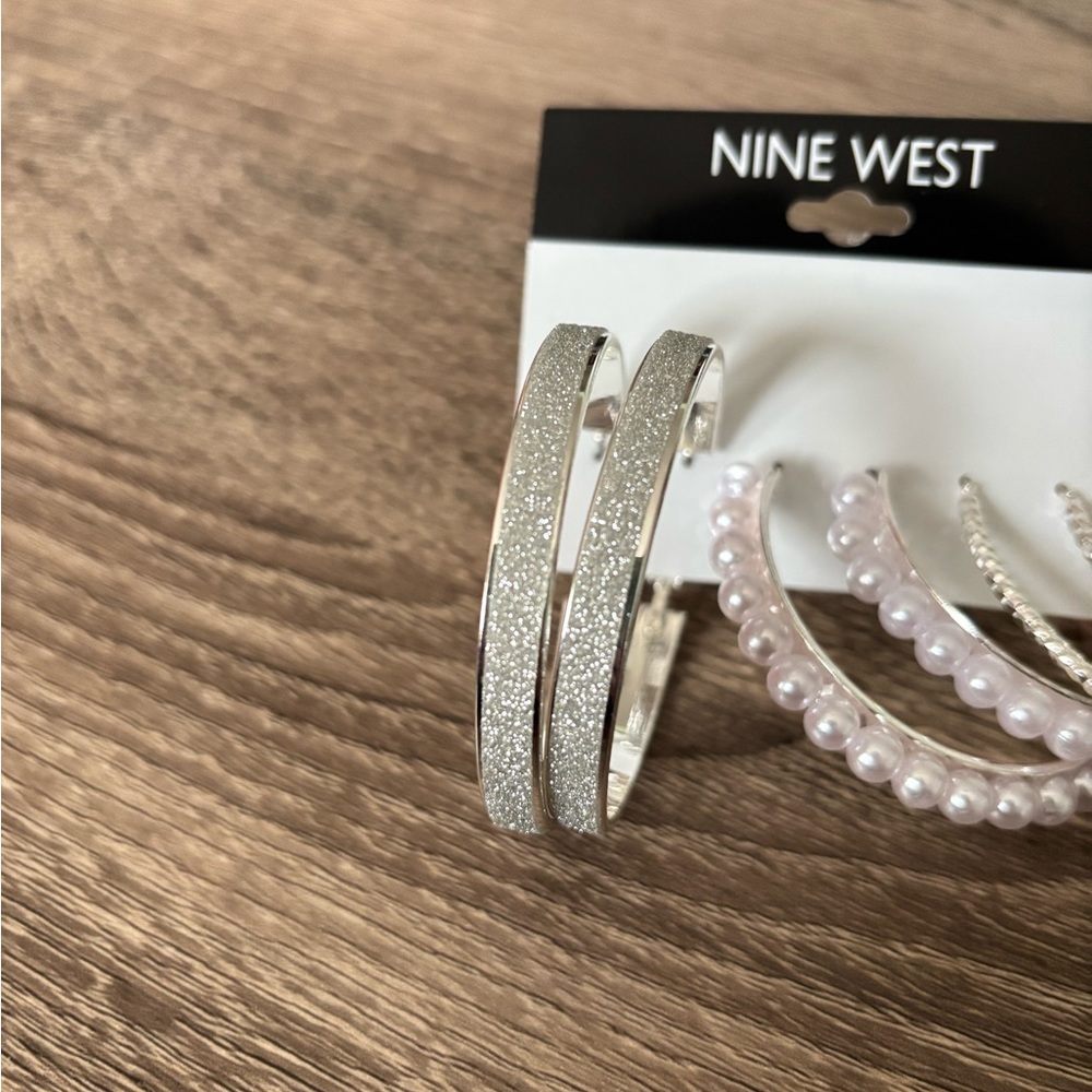 New! 3 Pairs Nine West Hoop Earrings Silver 2”-2.25” Hoops - Picture 2 of 6